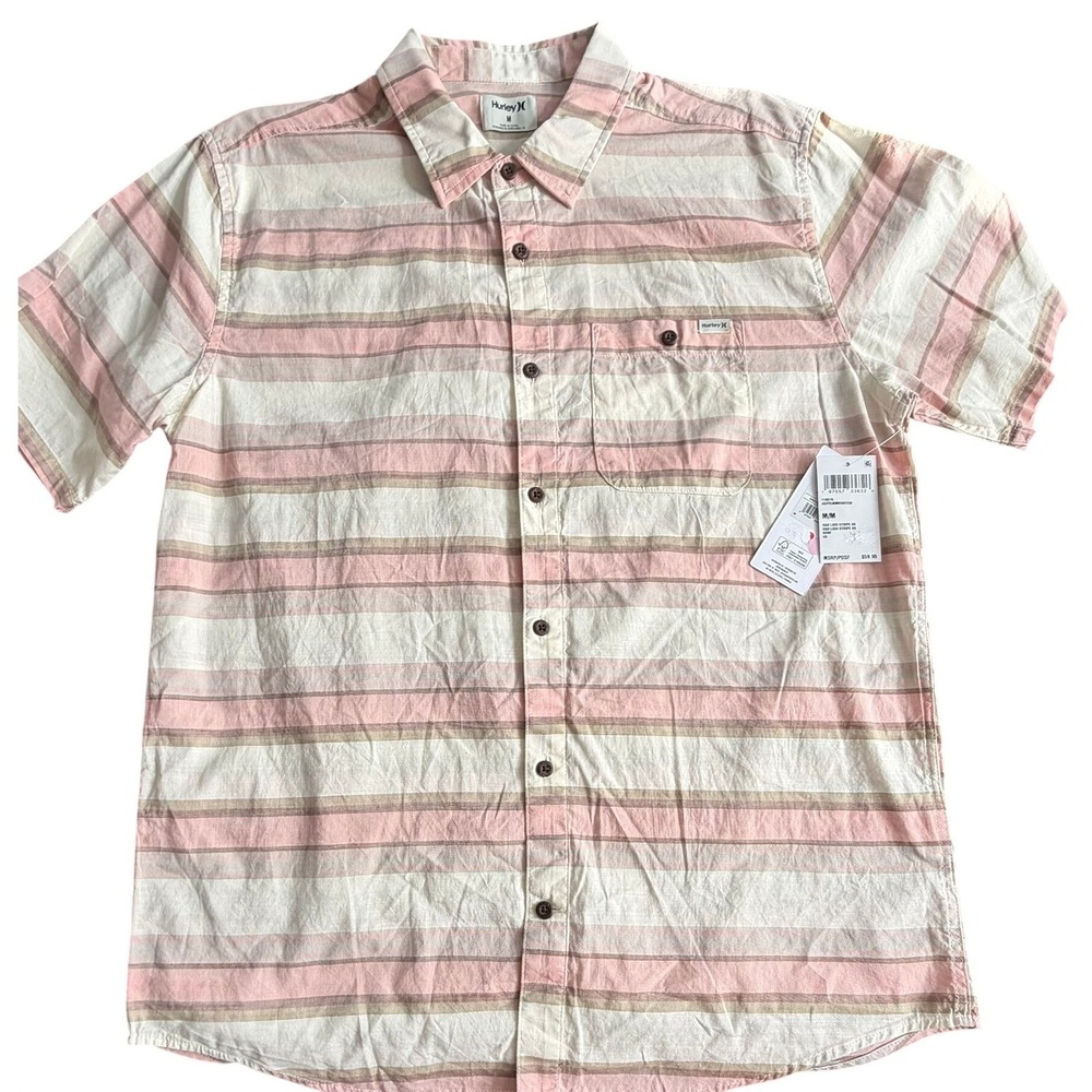 Hurley Mens M Short Sleeve Button Up Shirt Pink Tan Stripe Casual Beach